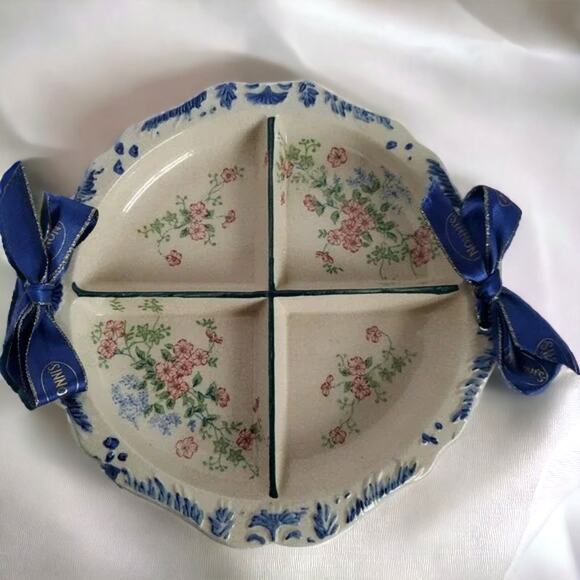 Divided Serving Dish 9" Blue Floral Round Section Plate Japan TK Vintage Estate - Picture 1 of 11